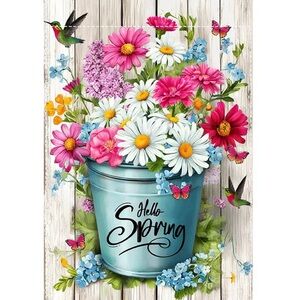 NIP HELLO SPRING  Burlap Garden Flag 12” x 18” Hummingbirds & Florals